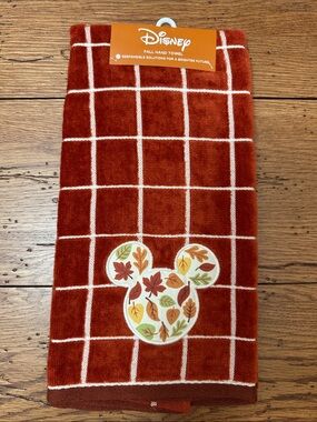 Disney Rust Orange Grid Hand Towel with Leaf Mickey Patch